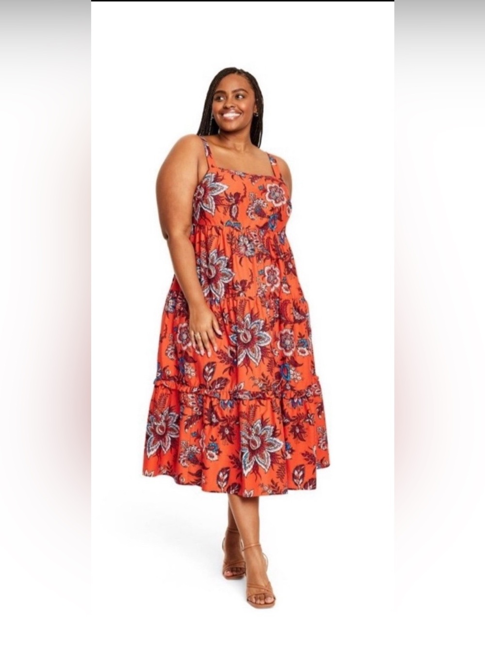 RHODE X Target Leafy Orange Floral Print Tired Midi Dress Women’s 1X Cotton